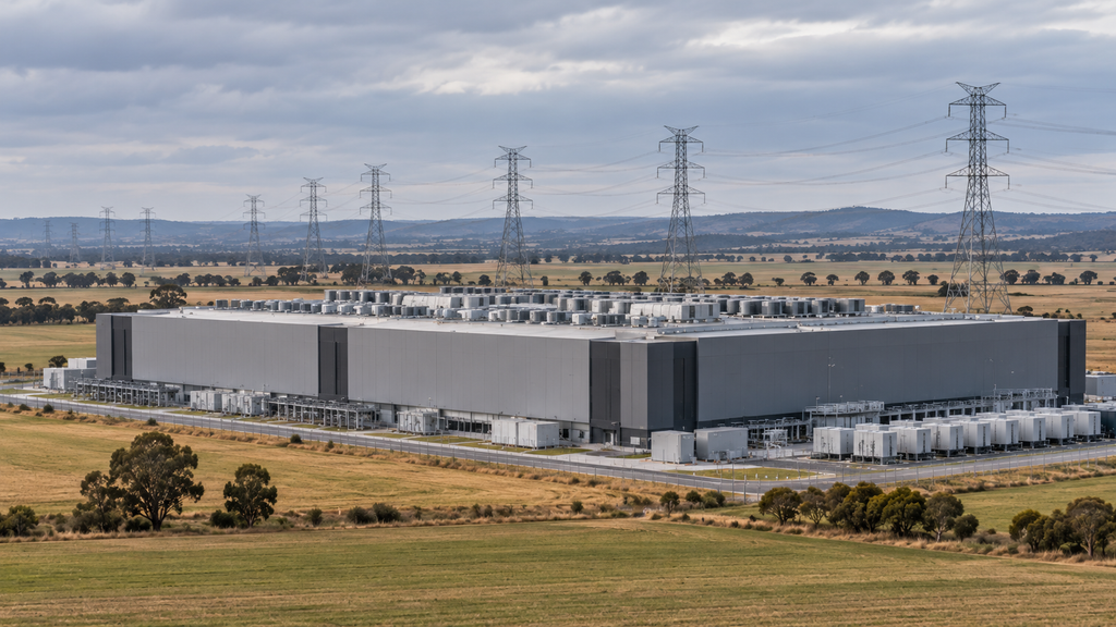 Illustrative image of a large modern data centre building in a rural landscape