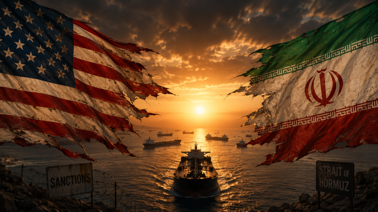 U.S. and Iranian flags displayed with oil tankers near the Strait of Hormuz, illustrating heightened geopolitical tensions.
