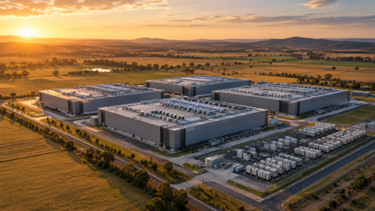 Illustrative image of a Wagga Wagga data centre campus beside open farmland